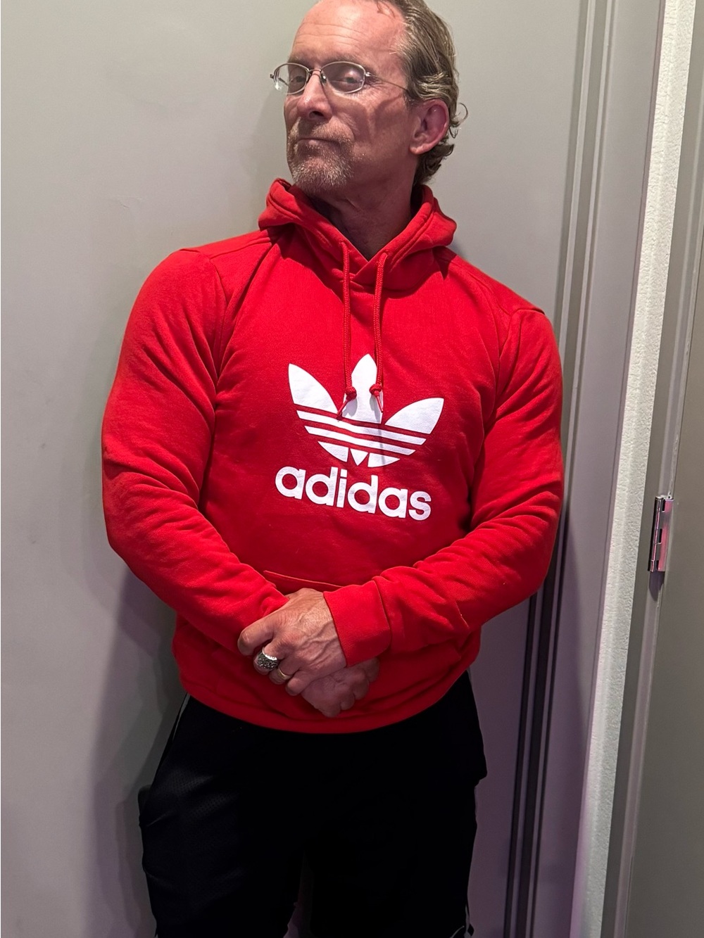 adidas Red Pullover Hoodie with White Trefoil Logo